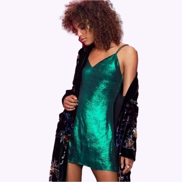 House Of Harlow 1960 x Revolve Ambrosia Dress ~ Metallic Green Slip Dress ~ SZ L - Picture 1 of 14